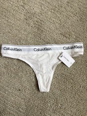 Calvin Klein White Logo Elastic Thong Bottoms